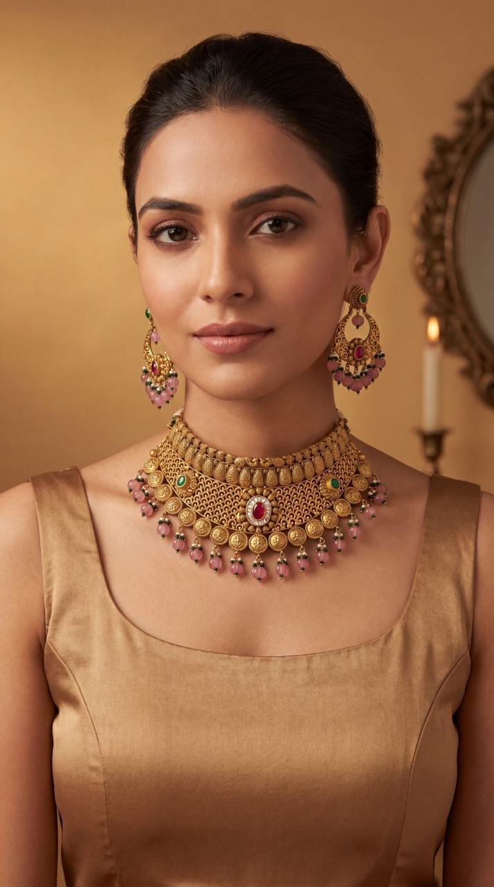 Antique gold choker on model